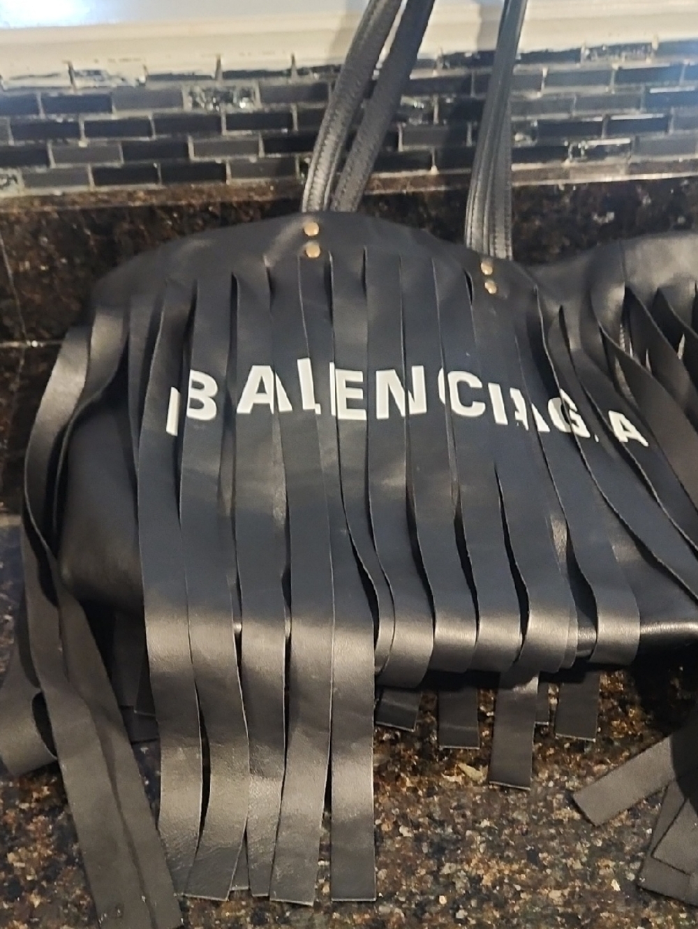 Balenciaga Black Leather Fringe Tote with White Logo